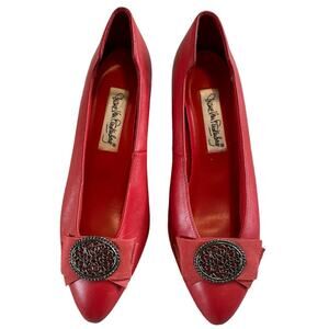 Diane Von Furstenberg Shoes Womens Size 8 Red Heel Bow Brooch Pinup Vintage DVF